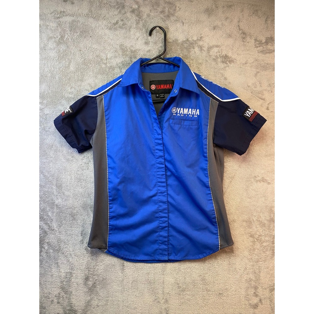 Yamaha Racing Pit Shirt Mens Small Blue Grey Short Sleeve Button Up Motorsports